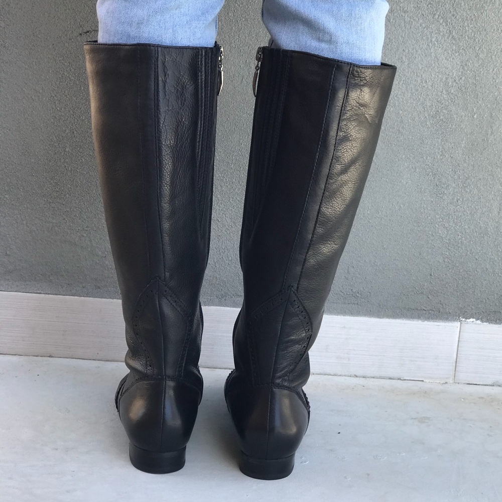 Leather Wingtip Tall Knee High Engineer Flat Boots - Picture 3 of 7